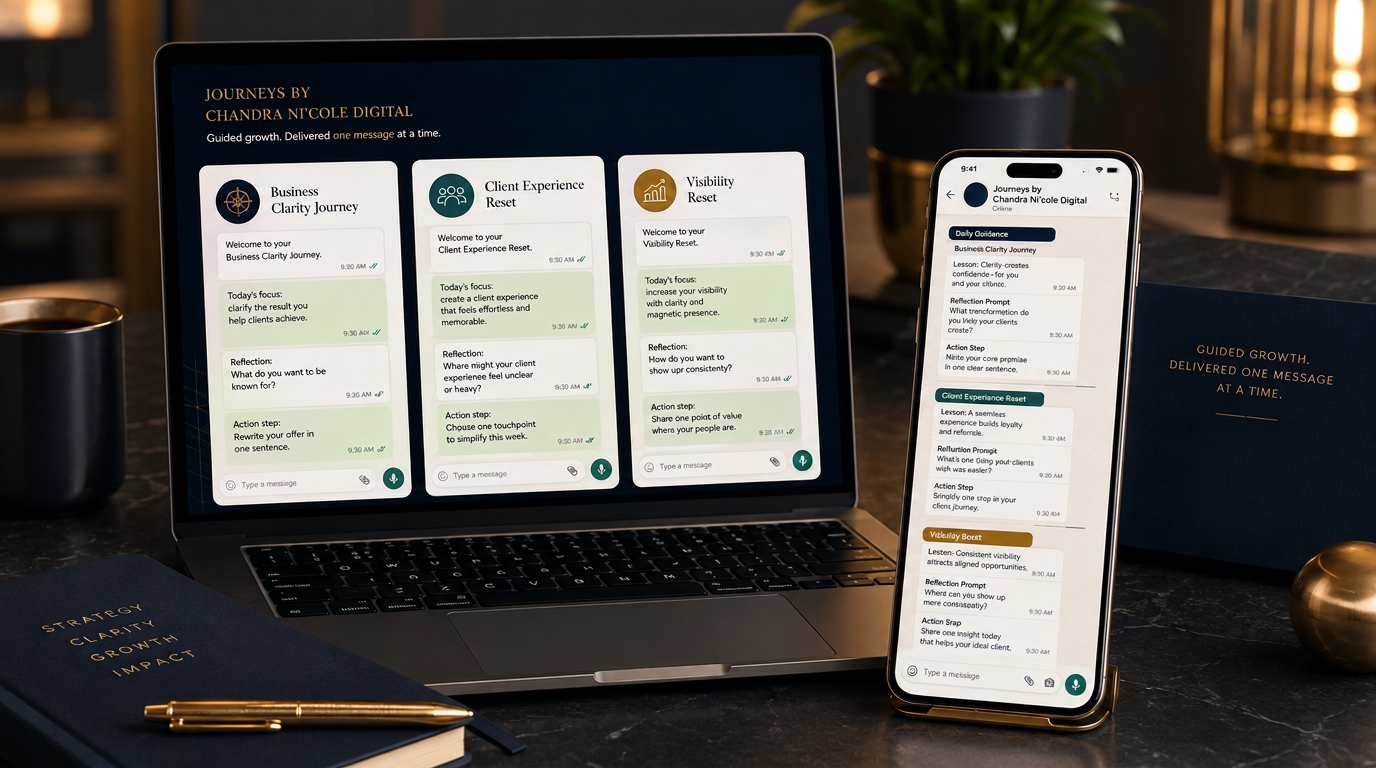 Akili Journeys, laptop and phone showing WhatsApp daily guidance